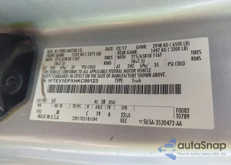 2017 Ford F-150 Xlt z USA, uszkodzony, nr VIN 1FTEX1EPXHKC99123